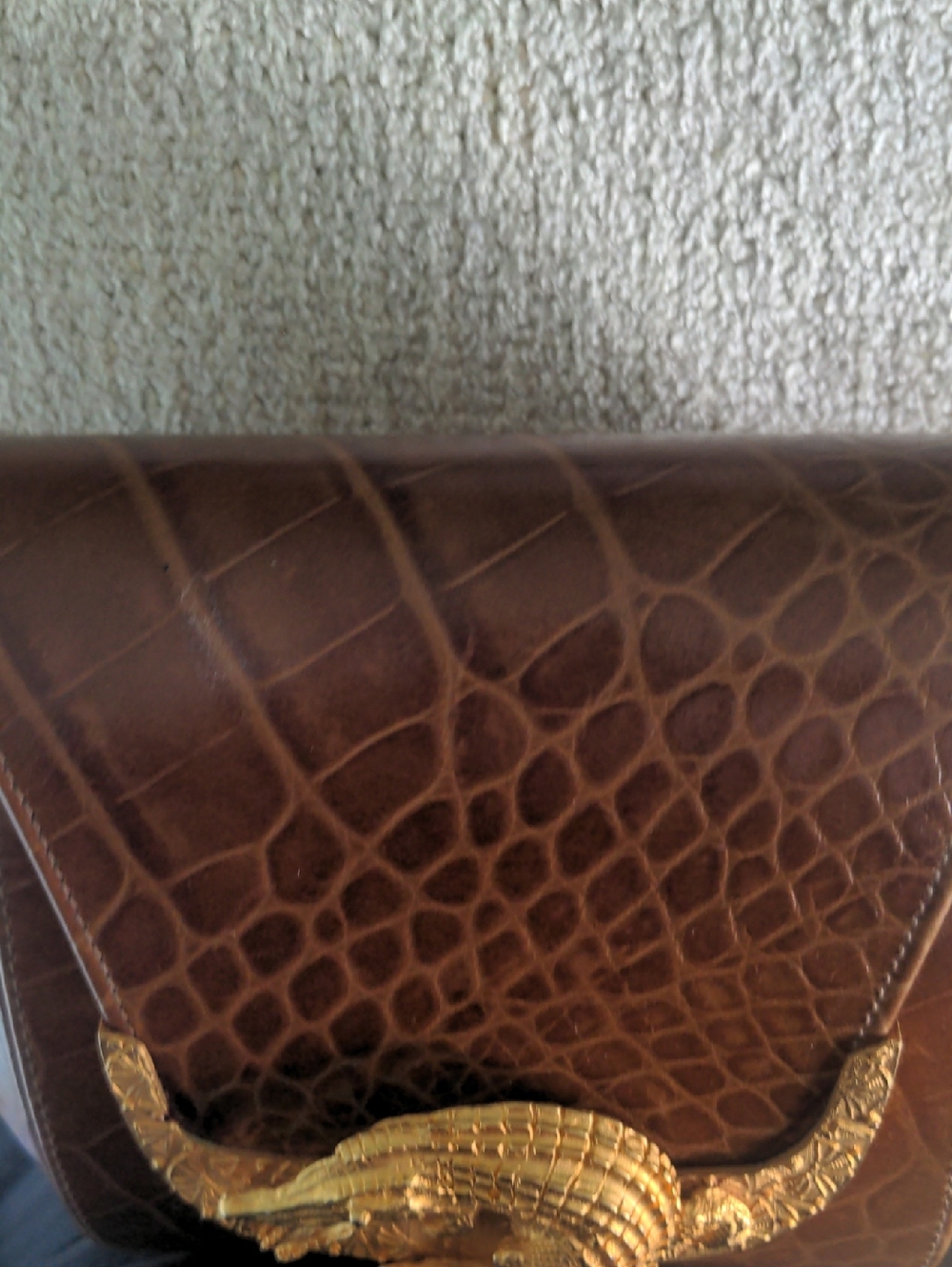 Vintage Faux  Crocodile Crossbody Bag,,  Structured, Heavy Brass Crocodile, - Picture 6 of 14